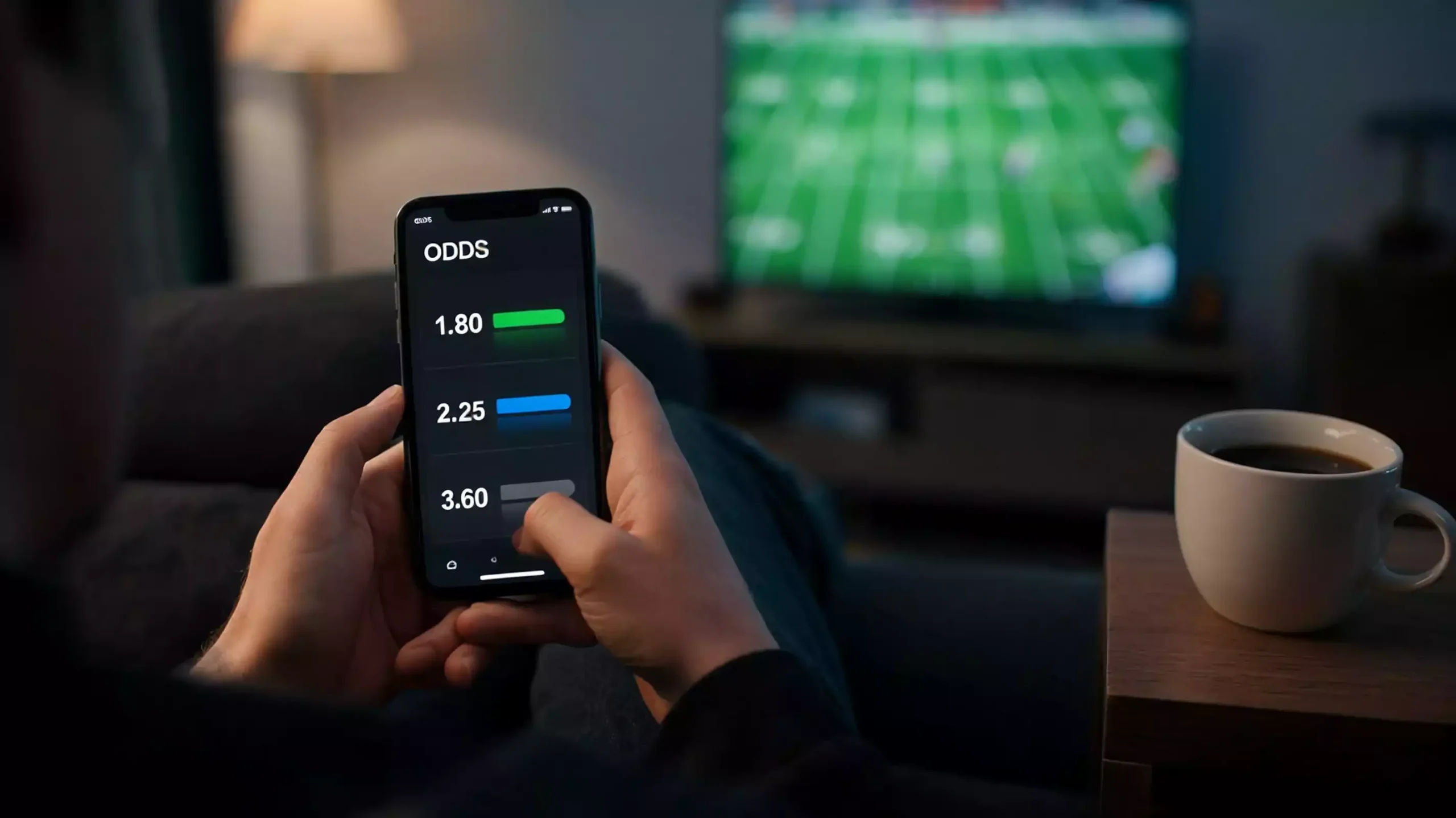A person using a smartphone to check NFL betting odds on a mobile app in the evening
