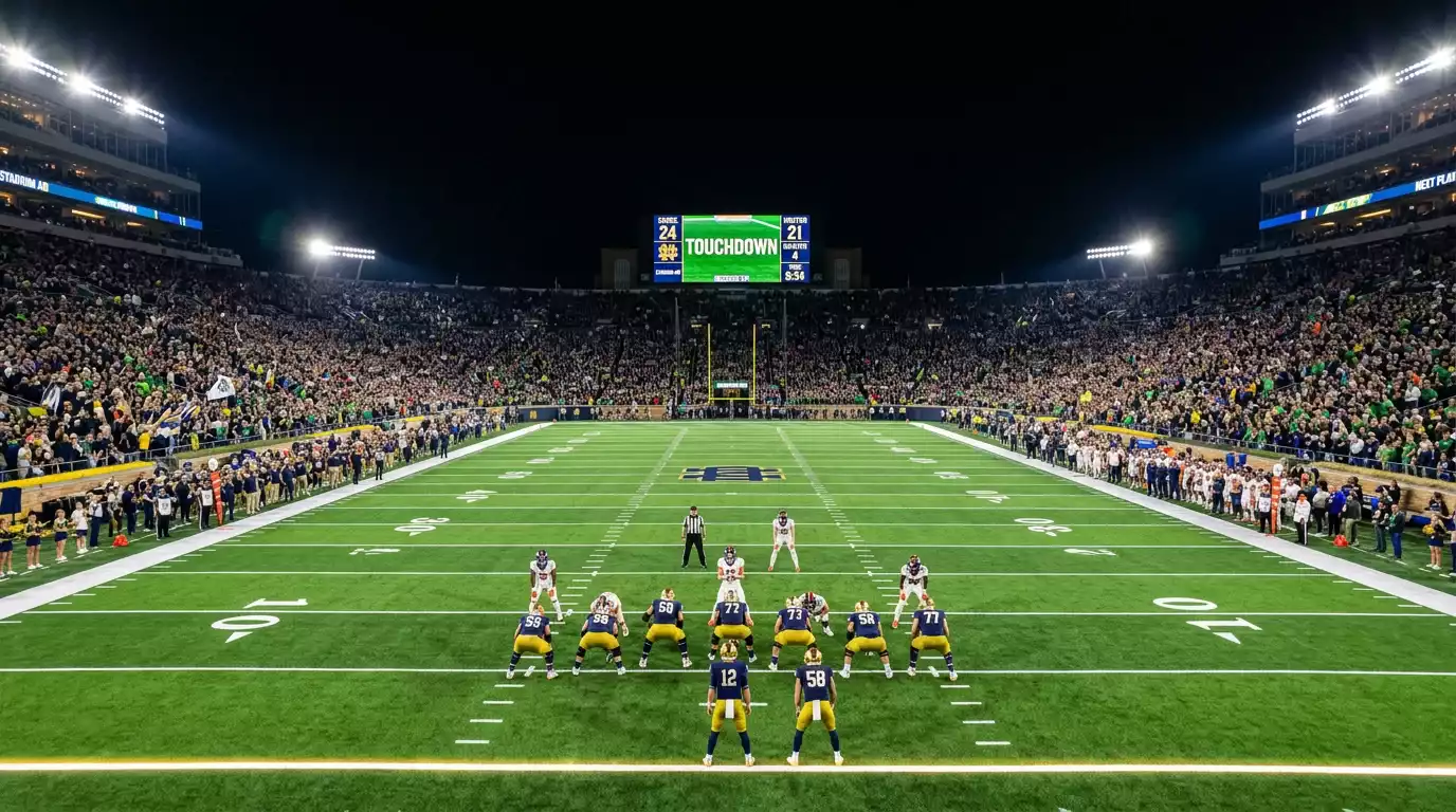 NFL game at a packed stadium with fans watching under floodlights