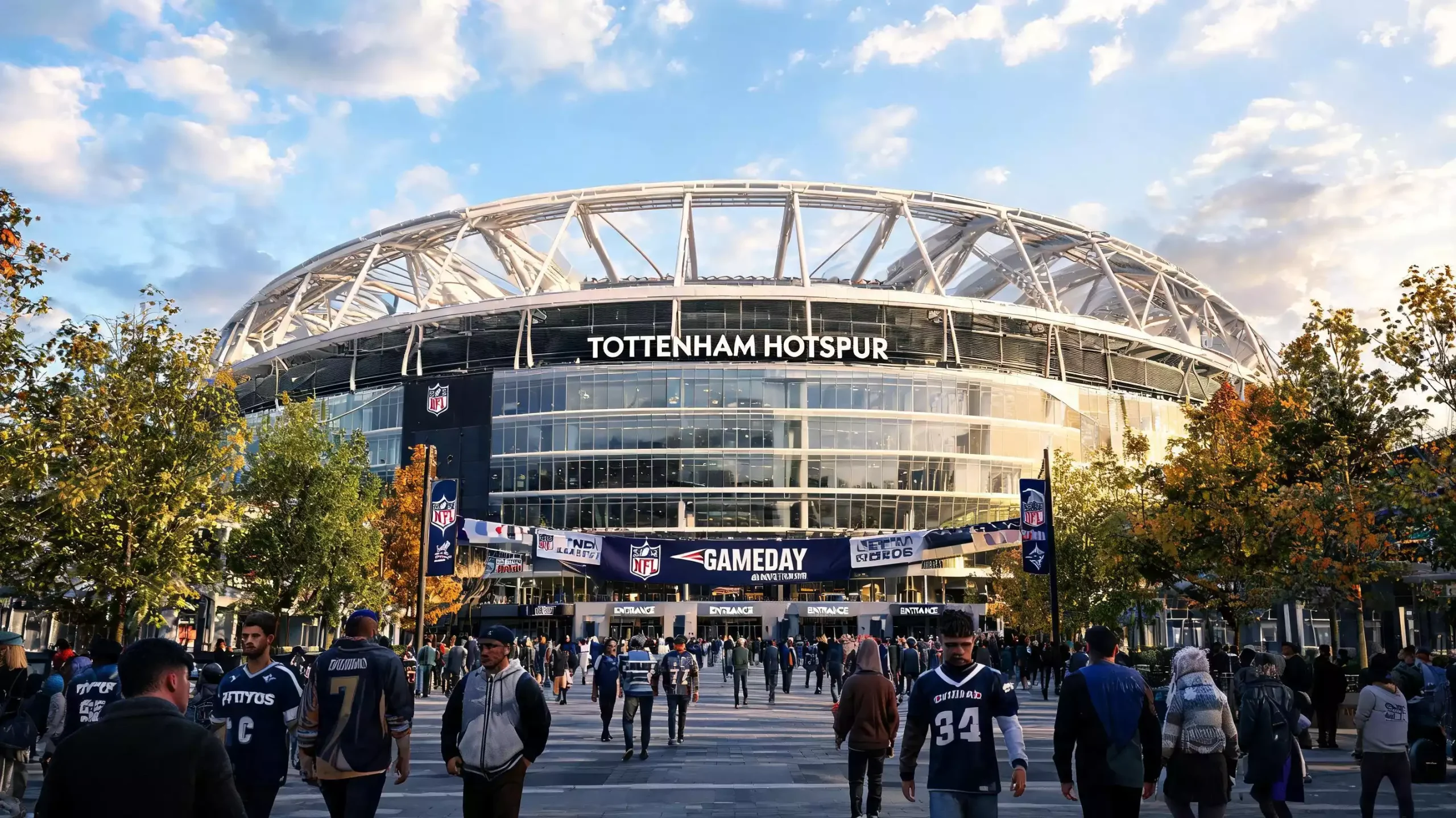 Tottenham Hotspur Stadium set up for an NFL game with American football field markings visible on the pitch