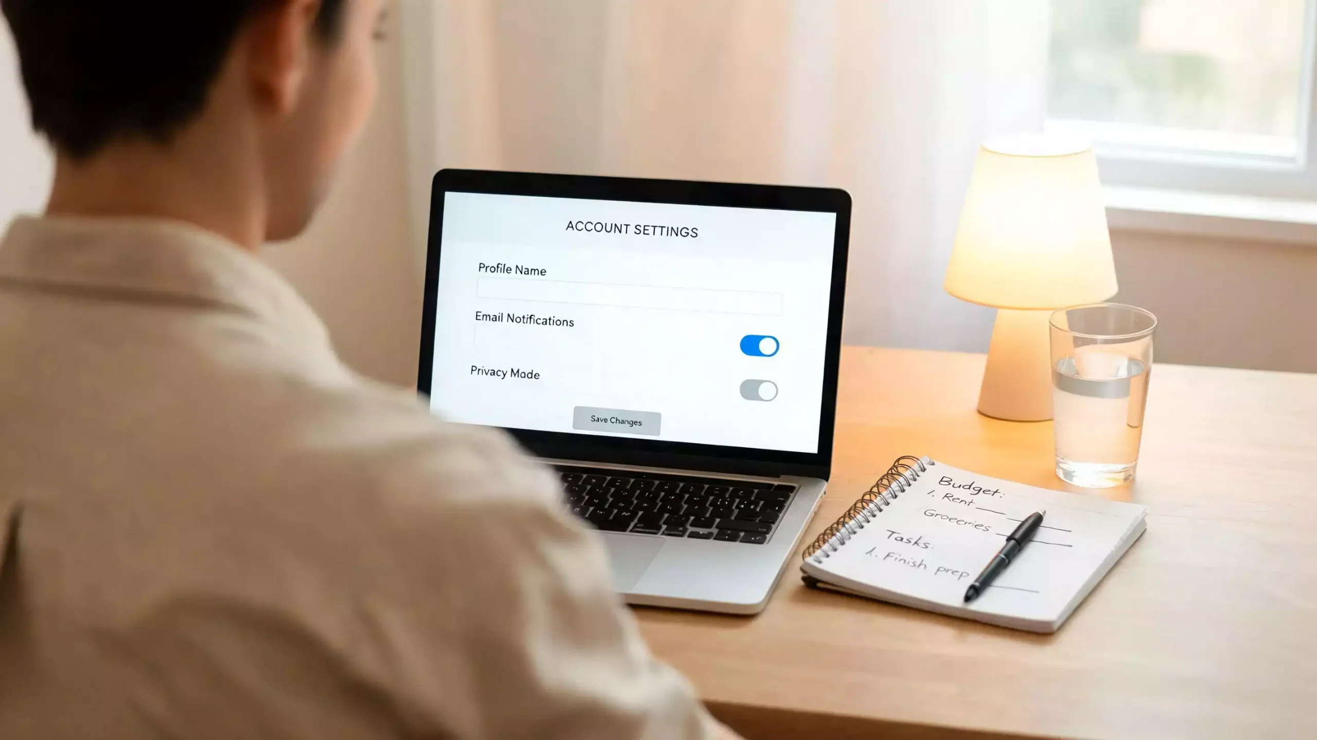 A person reviewing their betting account settings on a laptop screen, with a notepad and pen beside the computer