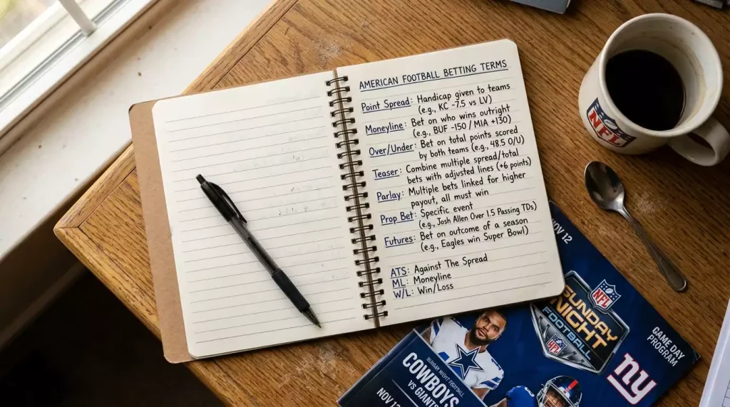 NFL betting terminology reference guide with American and British equivalent terms highlighted