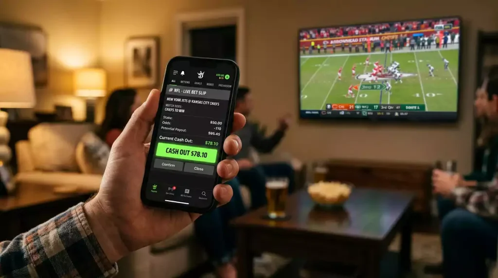 Cash out button on a UK bookmaker app during a live NFL game with partial payout option