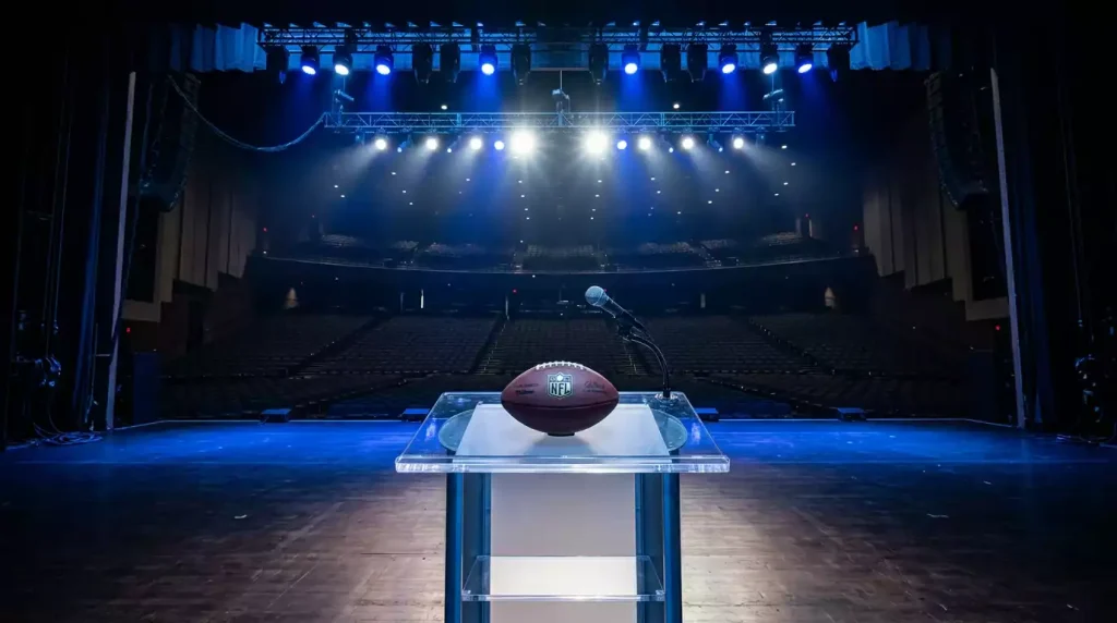 NFL Draft stage with commissioner at podium and betting odds displayed for top picks