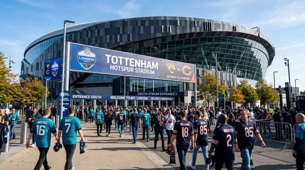 NFL game at Tottenham Hotspur Stadium in London with UK fans in the stands