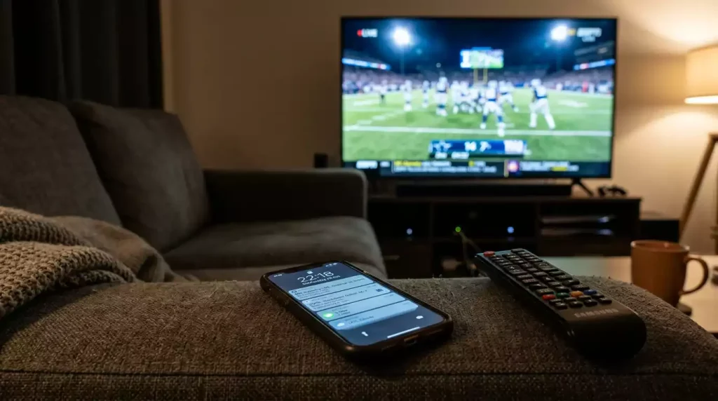 UK bettor using a mobile betting app for NFL in-play markets during a Sunday evening game