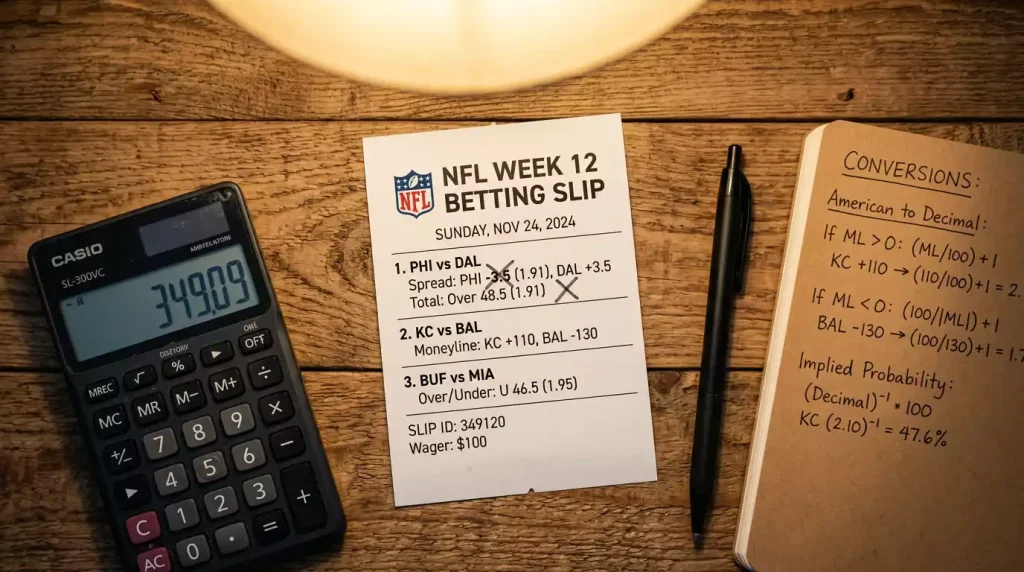 NFL odds conversion table showing American fractional and decimal formats side by side