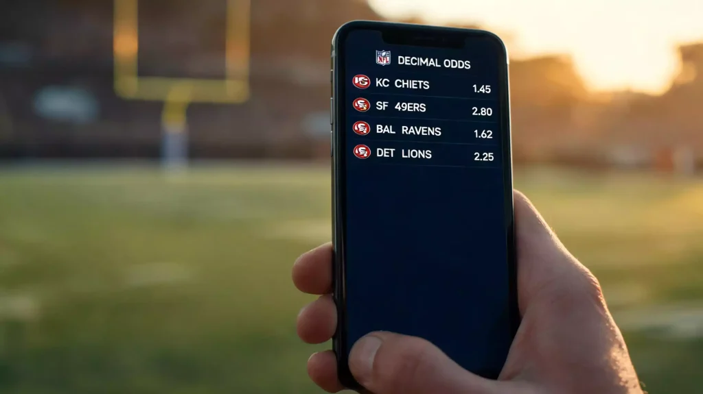 NFL odds conversion and comparison guide for UK bettors showing fractional, decimal, and American formats
