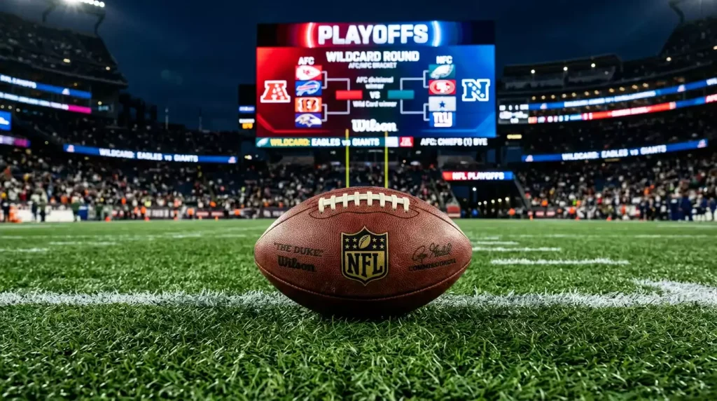 NFL playoff bracket displayed alongside betting odds for post-season matchups