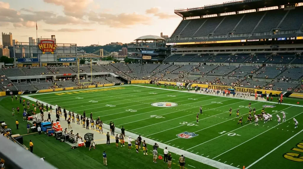 NFL preseason game with backup players on the field and limited crowd attendance