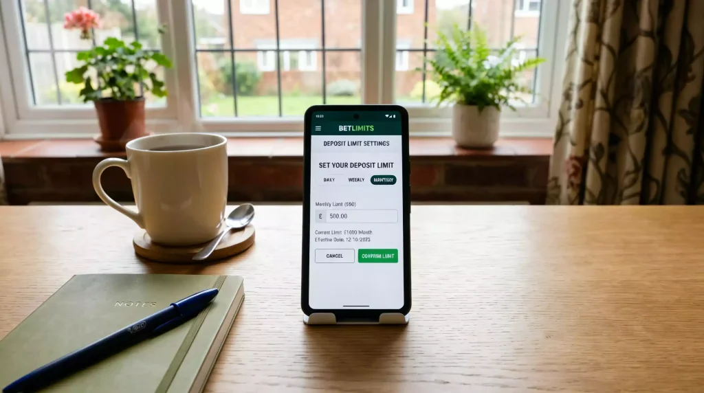 Responsible gambling tools interface showing deposit limits and session timers for UK NFL bettors