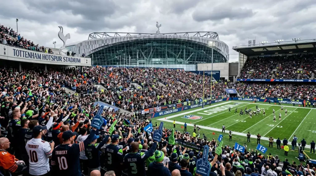 Packed crowd at an NFL London game at Tottenham Hotspur Stadium wearing team colours