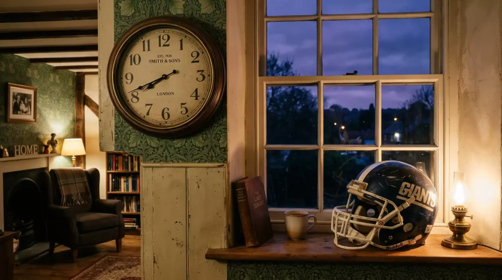 Clock showing NFL game kickoff times converted to UK time zones GMT and BST